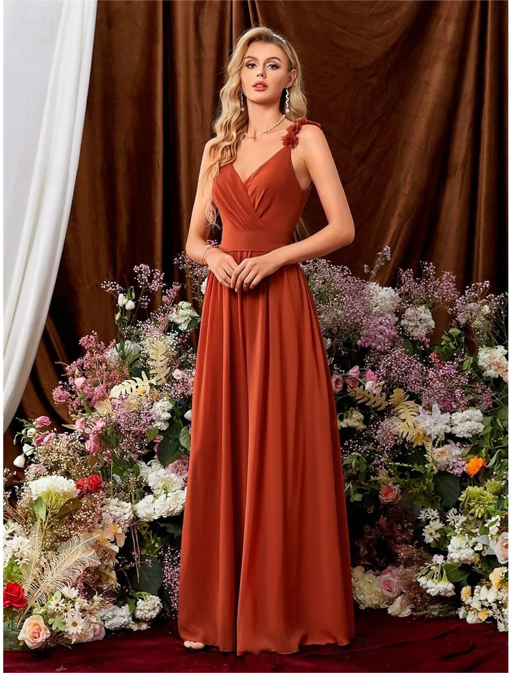 Orange V-Neck Floral Strap Maxi Prom Dress With Tie Back