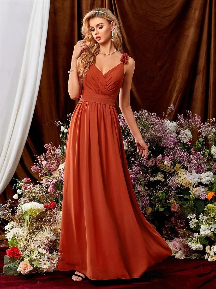 Orange V-Neck Floral Strap Maxi Prom Dress With Tie Back