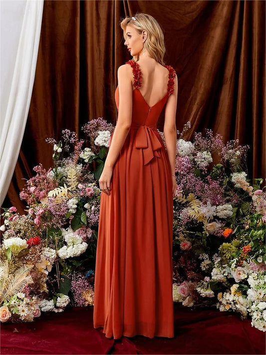 Elegant Red Applique A-Line V-Neck Classic-Sleeve Classic-Back Floor-Length Bridesmaid Dress