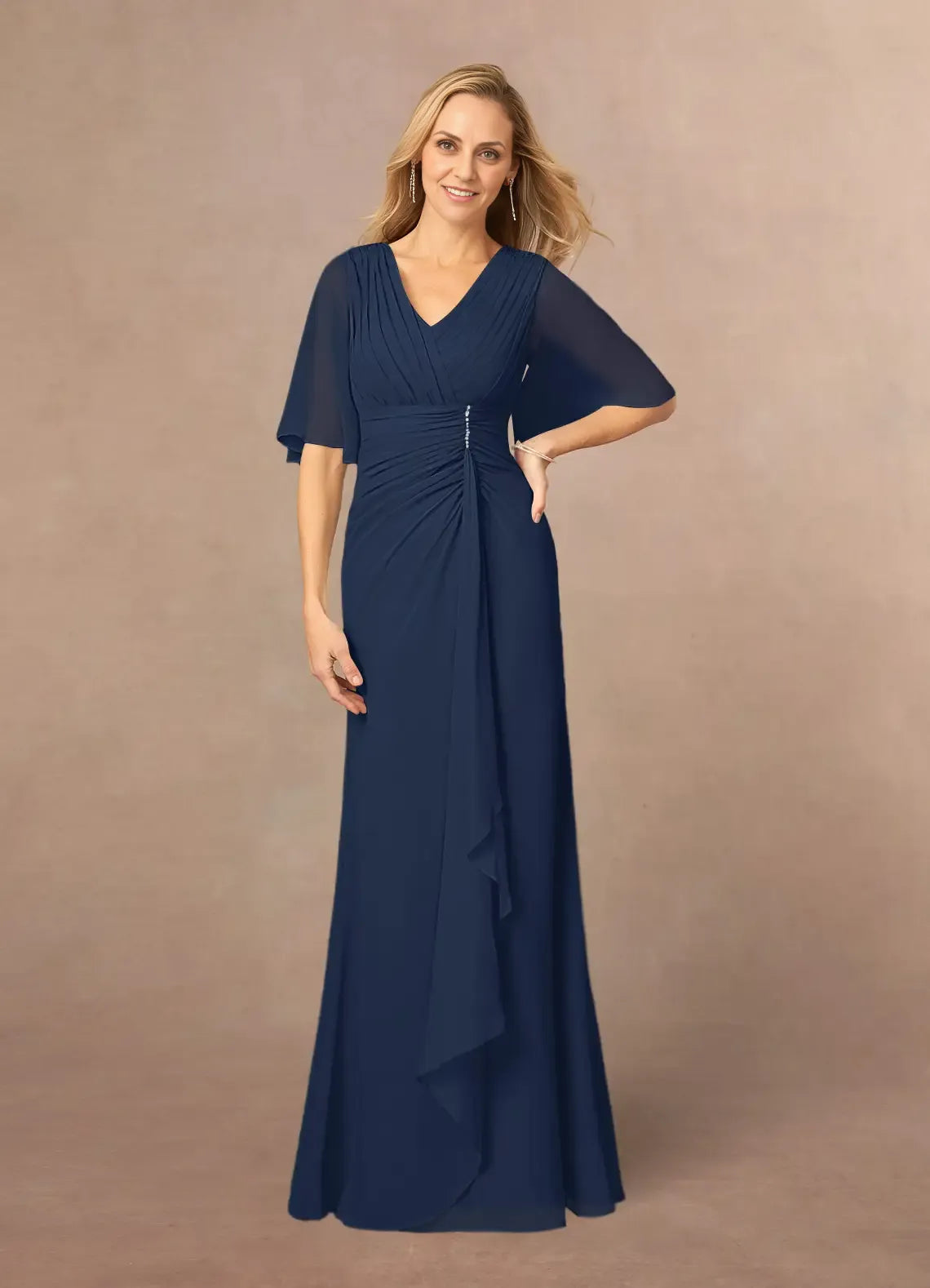 Chic Elegant Chiffon A-Line V-Neck Pleated Floor-Length Mother of the Bride Dress