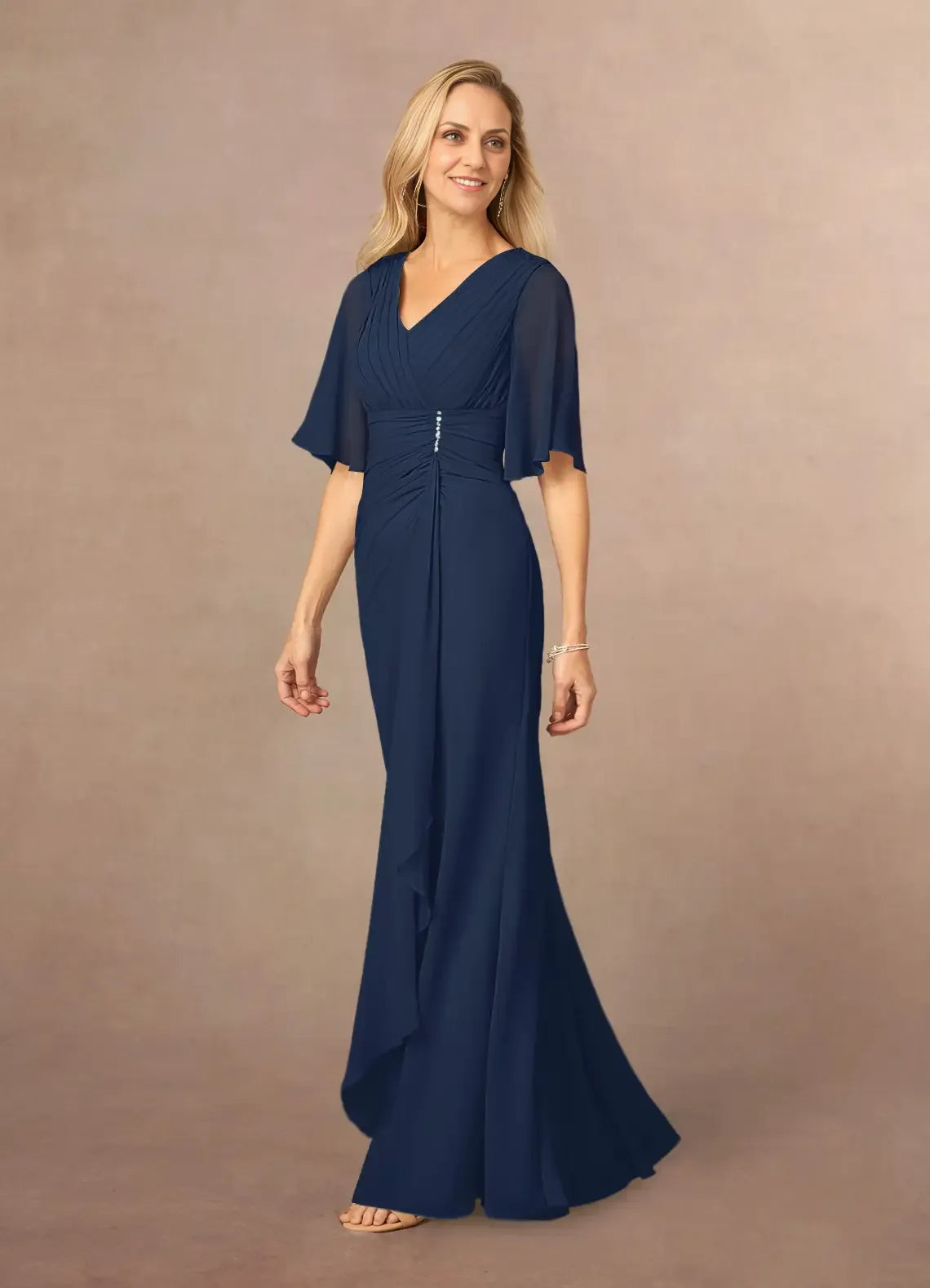 Chic Elegant Chiffon A-Line V-Neck Pleated Floor-Length Mother of the Bride Dress