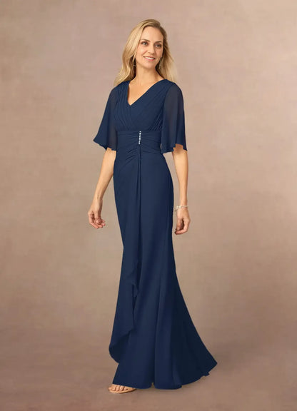 Chic Elegant Chiffon A-Line V-Neck Pleated Floor-Length Mother of the Bride Dress