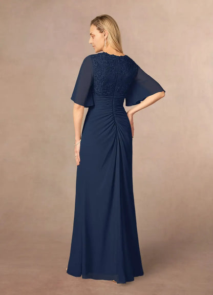 Chic Elegant Chiffon A-Line V-Neck Pleated Floor-Length Mother of the Bride Dress