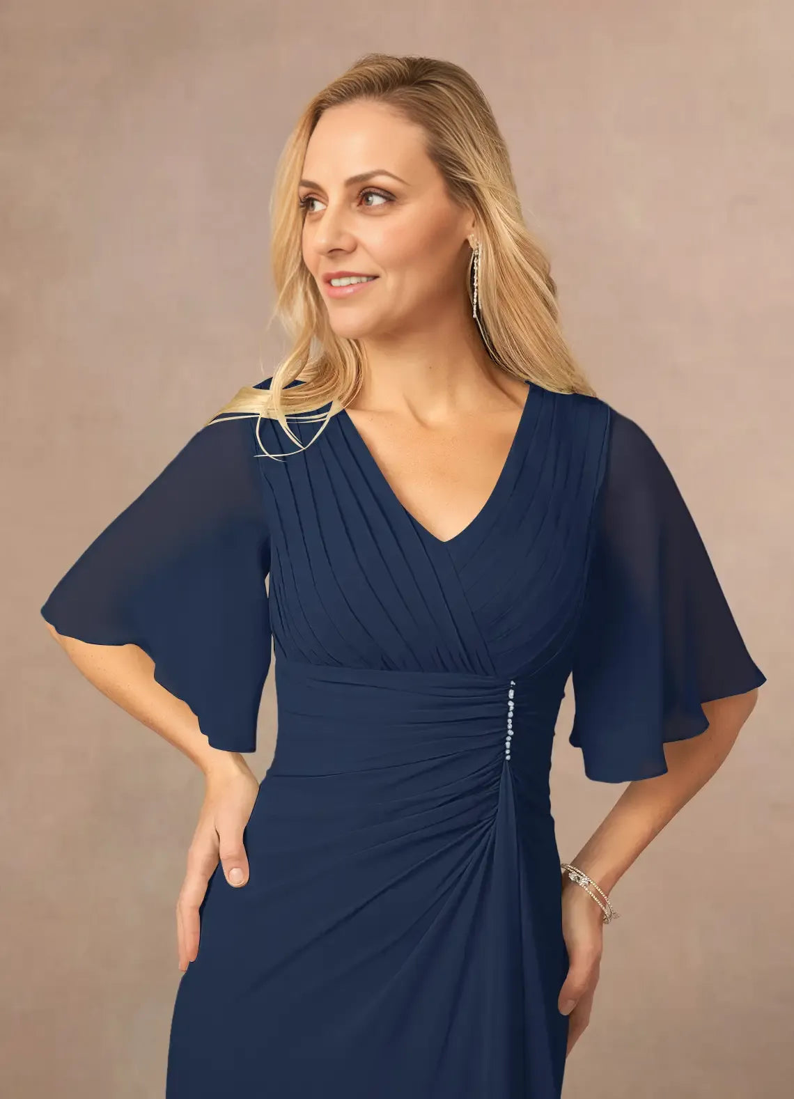 Chic Elegant Chiffon A-Line V-Neck Pleated Floor-Length Mother of the Bride Dress
