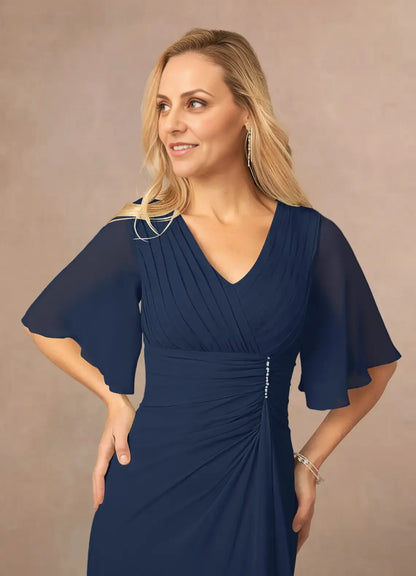 Chic Elegant Chiffon A-Line V-Neck Pleated Floor-Length Mother of the Bride Dress