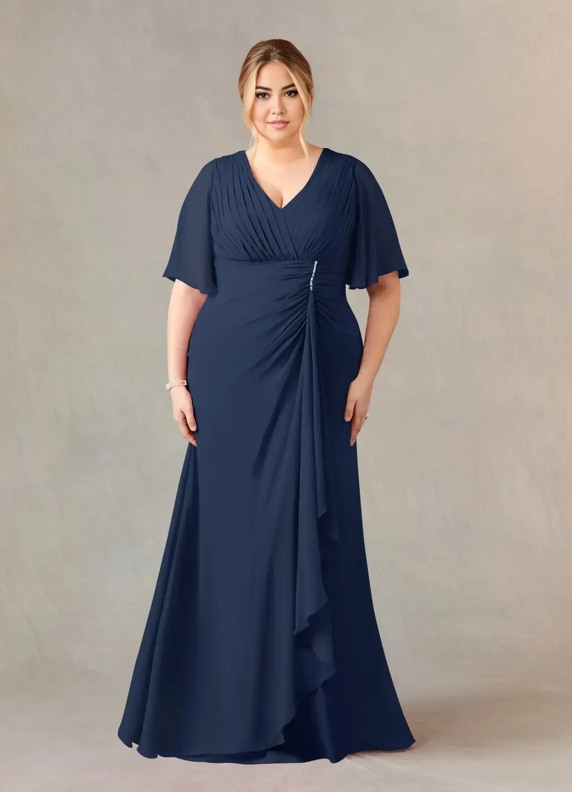 Beautiful Elegant Chiffon A-Line V-Neck Pleated Floor-Length Mother of the Bride Dress