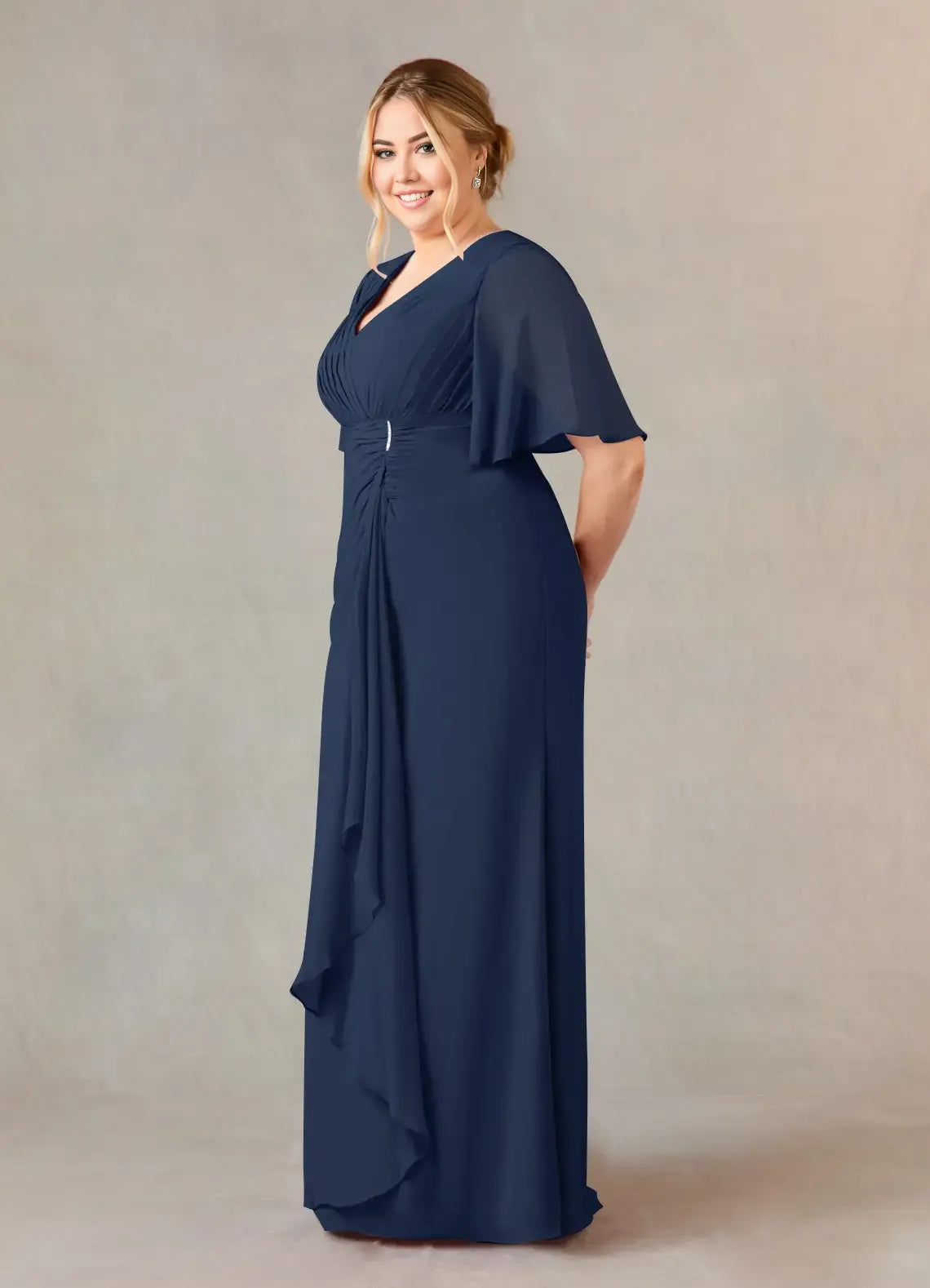 Beautiful Elegant Chiffon A-Line V-Neck Pleated Floor-Length Mother of the Bride Dress
