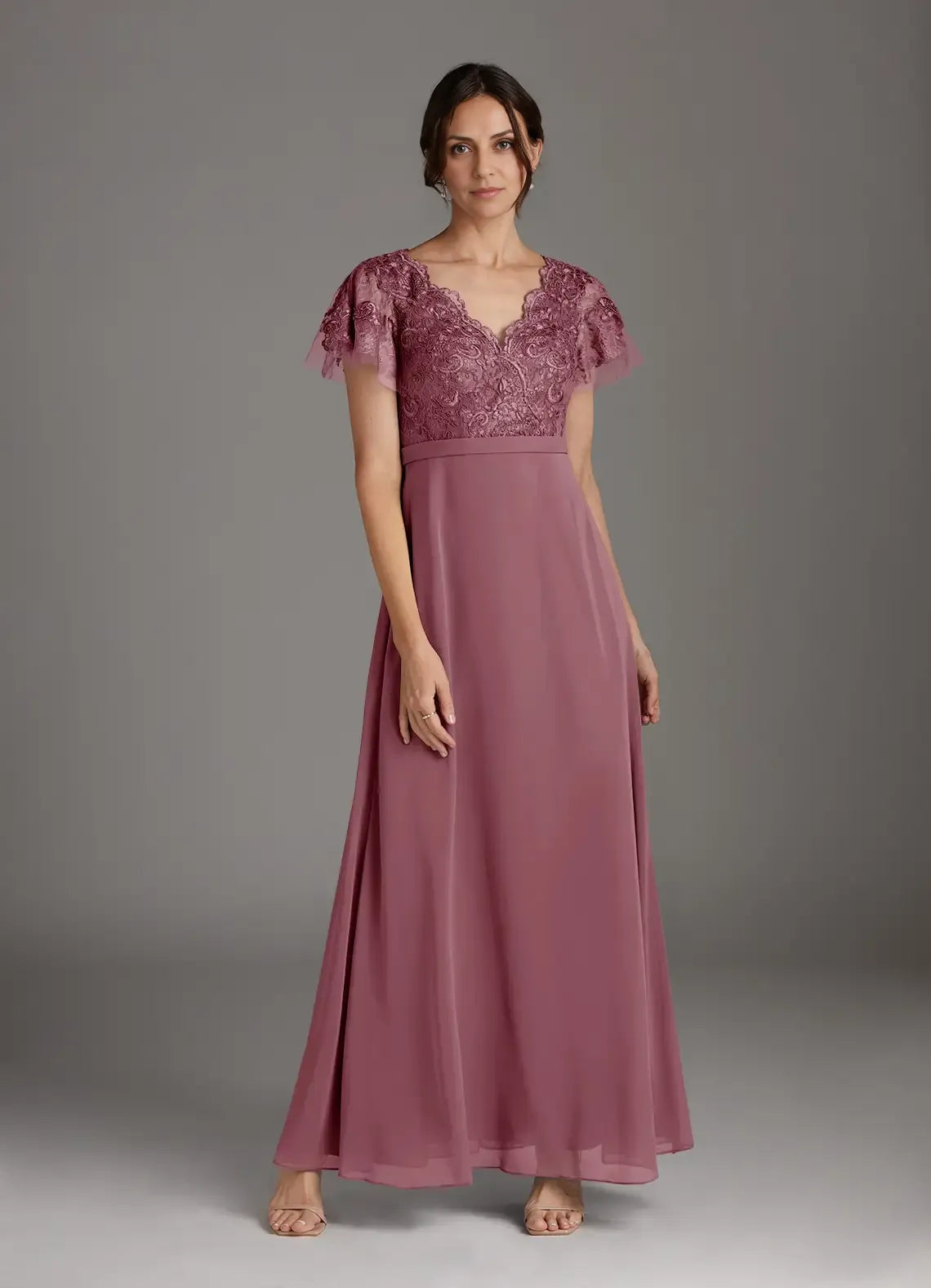 Sophisticated Elegant Mauve Chiffon A-Line V-Neck Floor-Length Mother of the Bride Dress