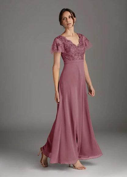 Sophisticated Elegant Mauve Chiffon A-Line V-Neck Floor-Length Mother of the Bride Dress