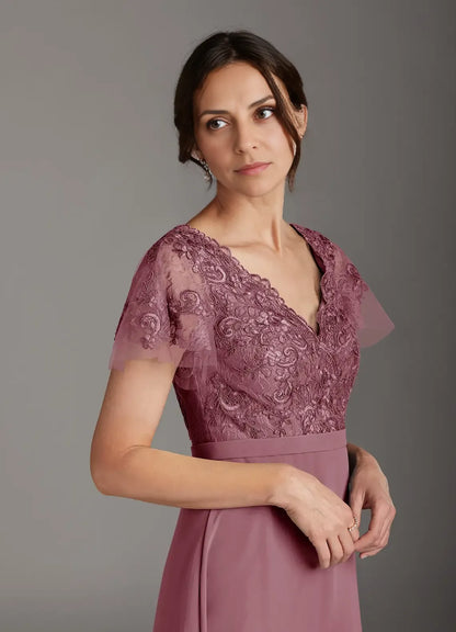 Sophisticated Elegant Mauve Chiffon A-Line V-Neck Floor-Length Mother of the Bride Dress