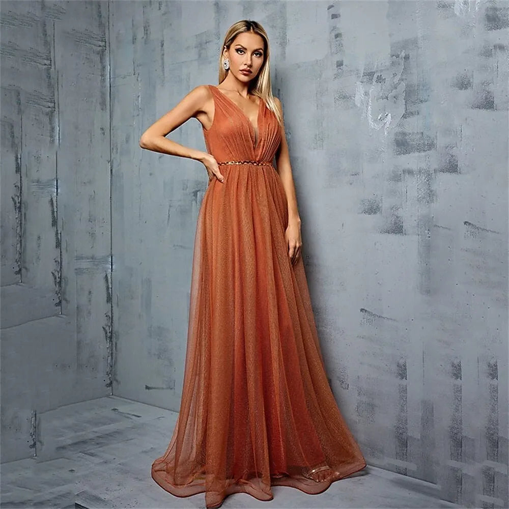 Orange V-Neck Pleated Beaded Floor Length Prom Dress