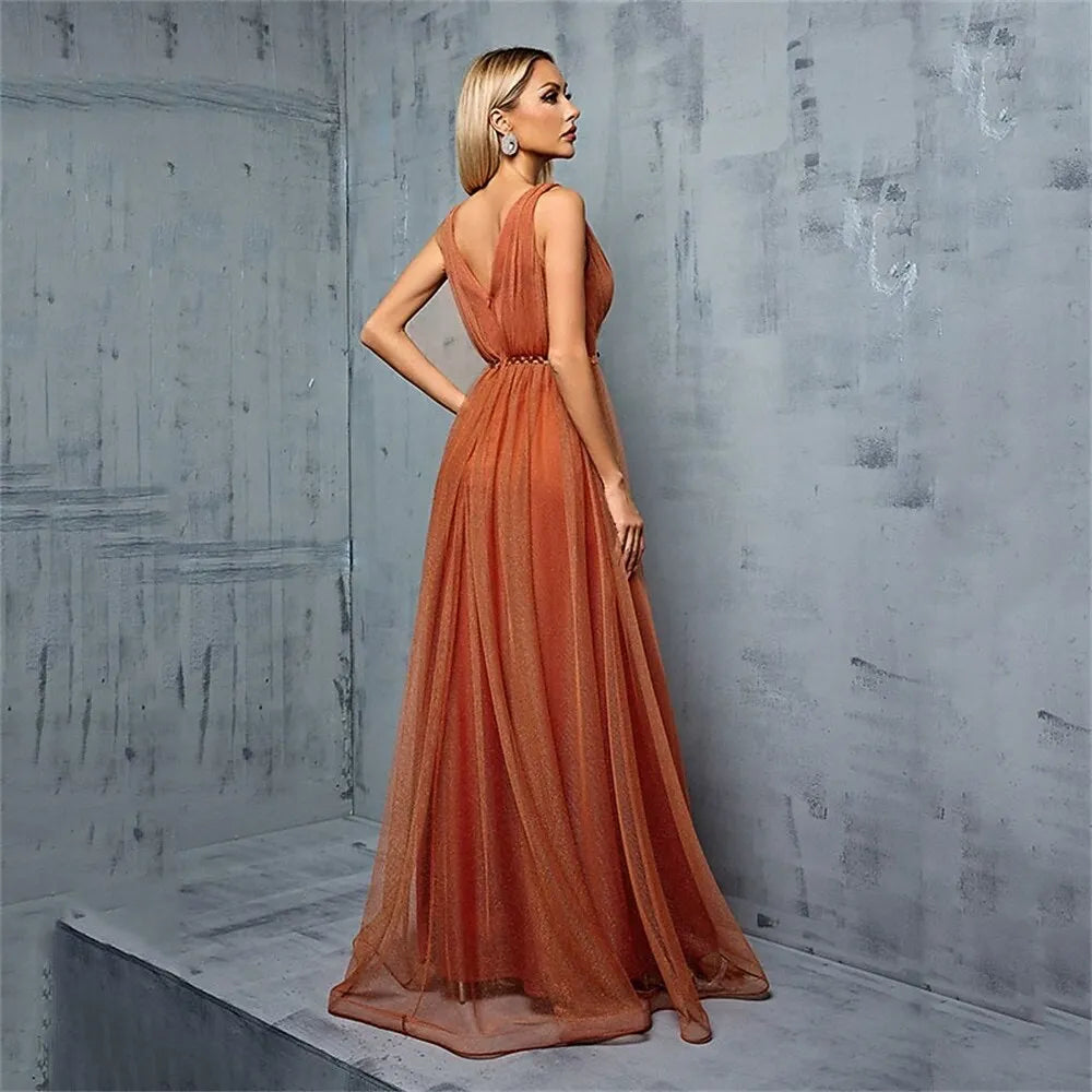 Orange V-Neck Pleated Beaded Floor Length Prom Dress