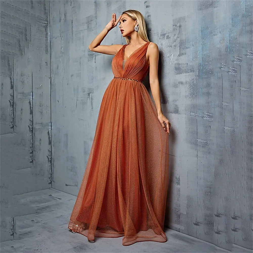 Orange V-Neck Pleated Beaded Floor Length Prom Dress