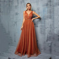 Orange V-Neck Pleated Beaded Floor Length Prom Dress