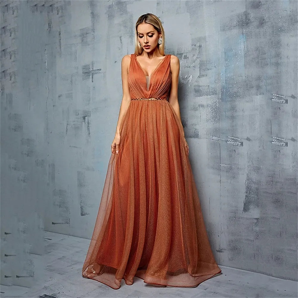 Orange V-Neck Pleated Beaded Floor Length Prom Dress