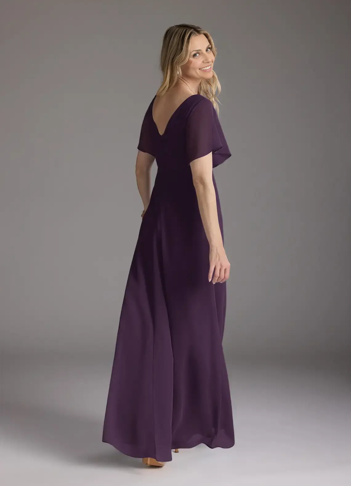 Beautiful Elegant Chiffon A-Line V-Neck Pleated Floor-Length Mother of the Bride Dress