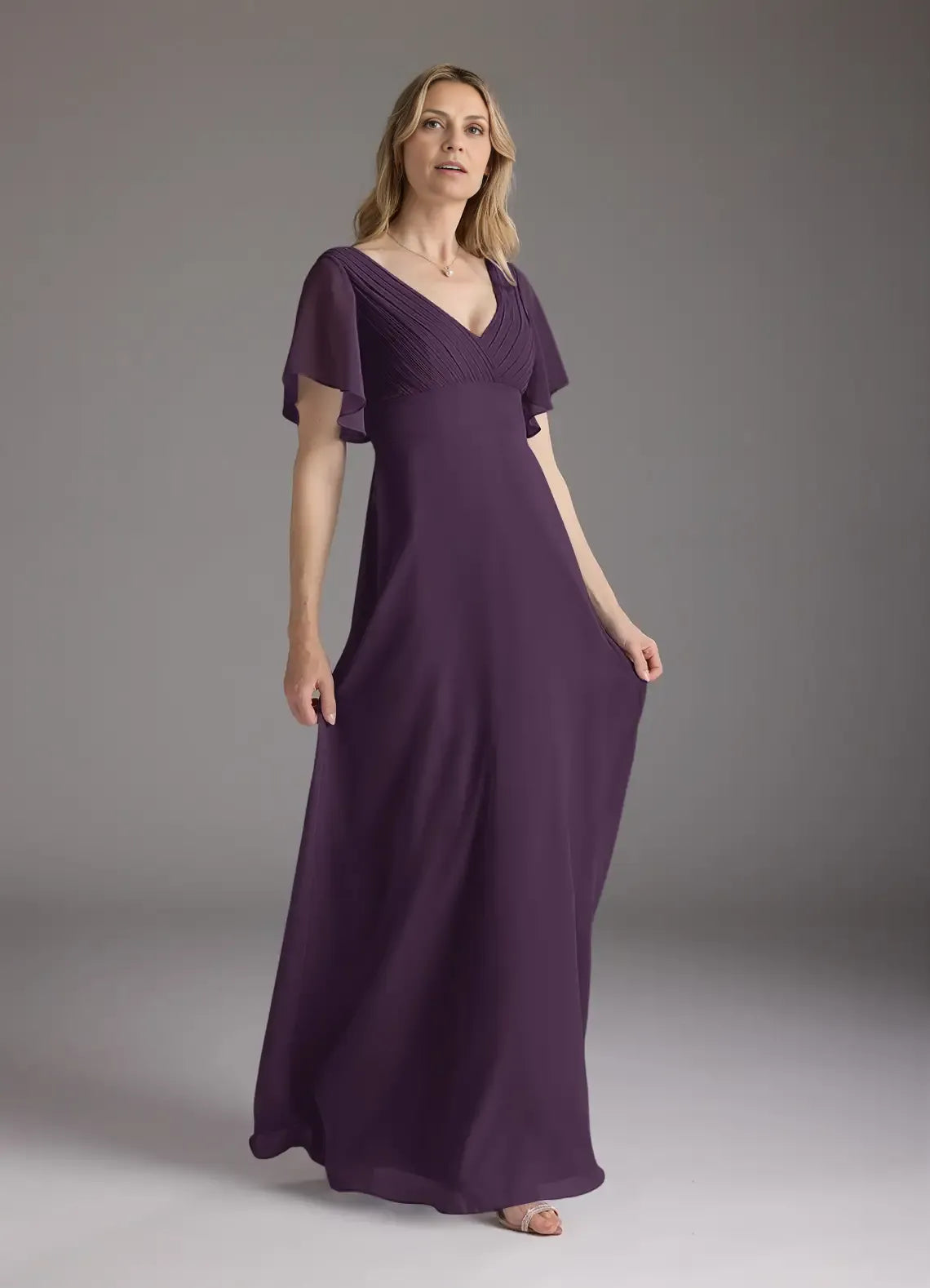 Beautiful Elegant Chiffon A-Line V-Neck Pleated Floor-Length Mother of the Bride Dress