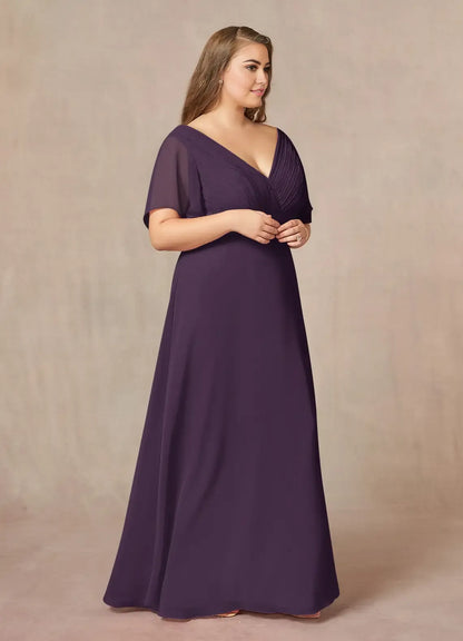 Stylish Elegant Chiffon A-Line V-Neck Pleated Floor-Length Mother of the Bride Dress