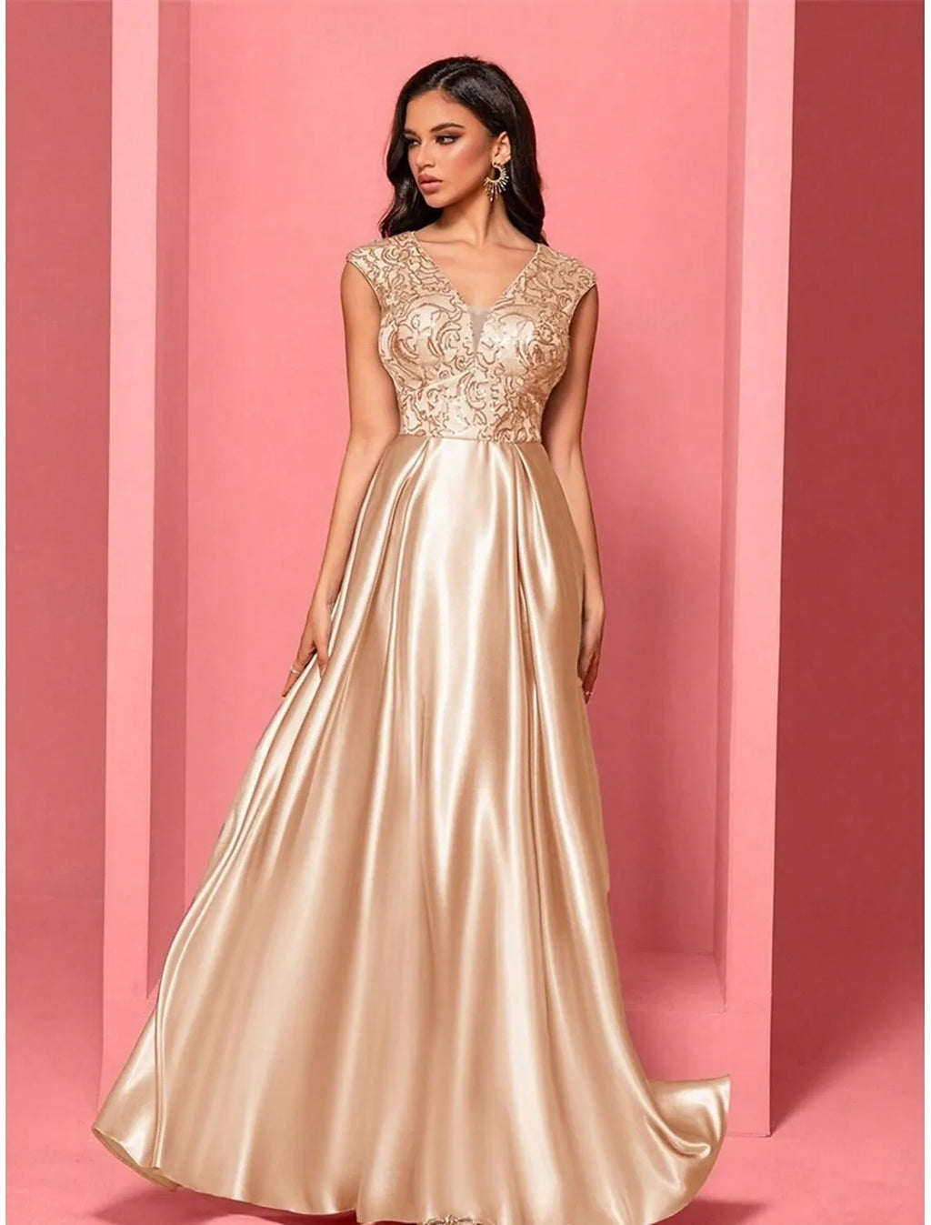 V-Neck Pleated Sequins Champagne Maxi Prom Dress With Pockets