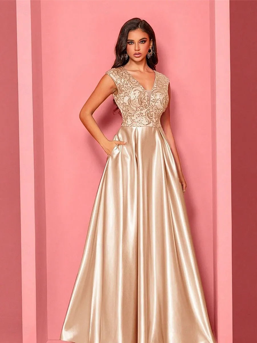 V-Neck Pleated Sequins Champagne Maxi Prom Dress With Pockets