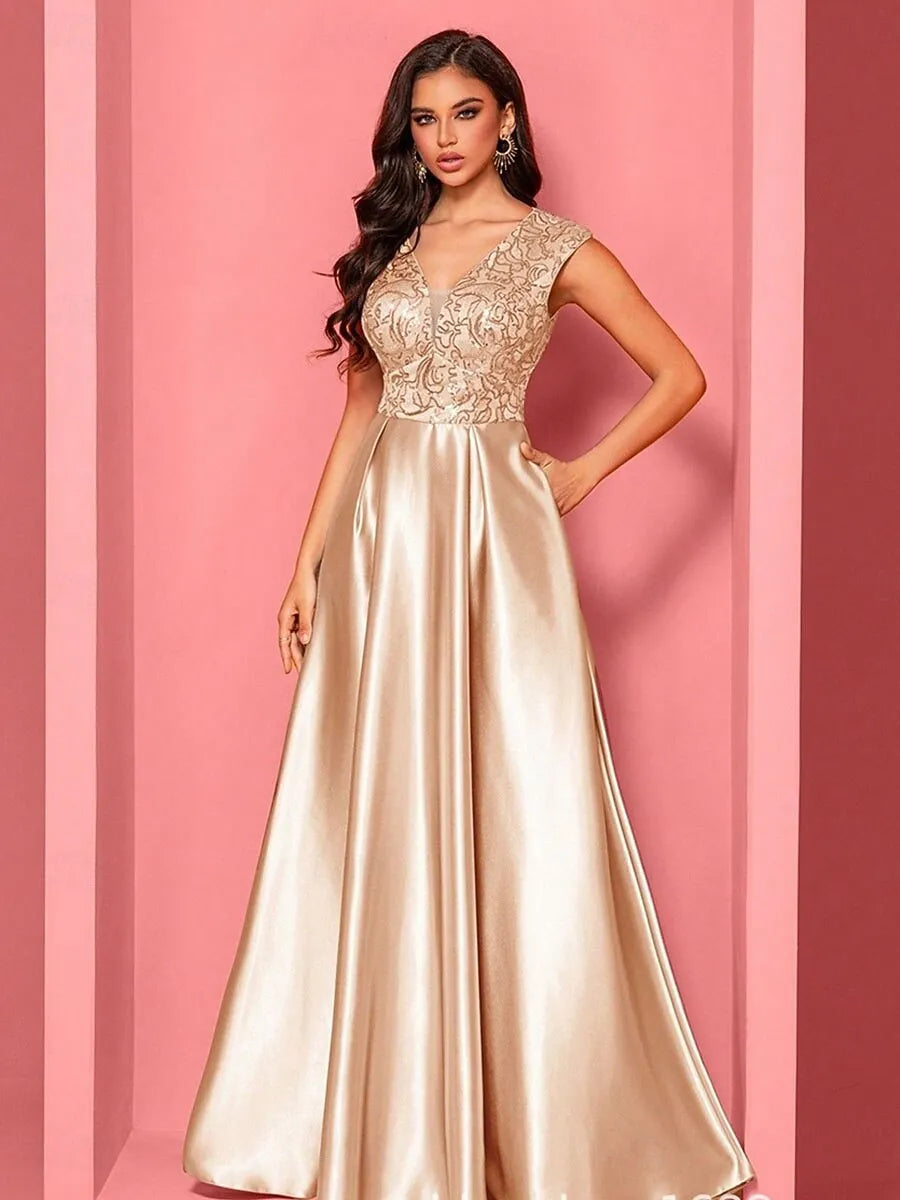 V-Neck Pleated Sequins Champagne Maxi Prom Dress With Pockets