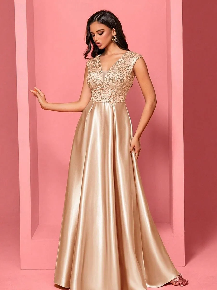 V-Neck Pleated Sequins Champagne Maxi Prom Dress With Pockets