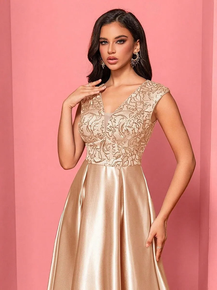 V-Neck Pleated Sequins Champagne Maxi Prom Dress With Pockets