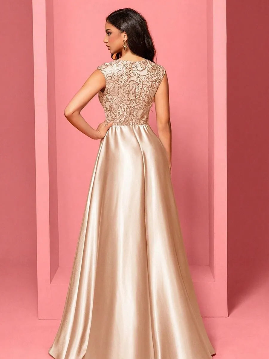 V-Neck Pleated Sequins Champagne Maxi Prom Dress With Pockets