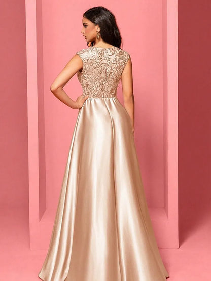 Luxurious Red Sequin A-Line V-Neck Classic-Sleeve Classic-Back Floor-Length Prom Dress
