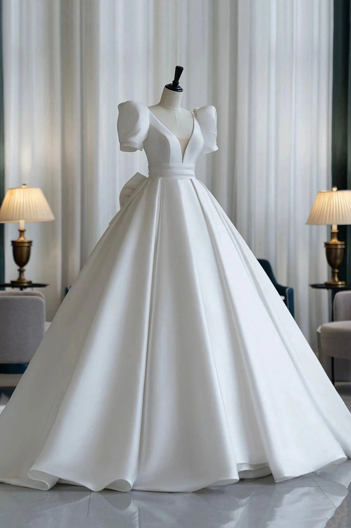 White V-Neck Wedding Dress Short Sleeve Bridal Gown with Bow