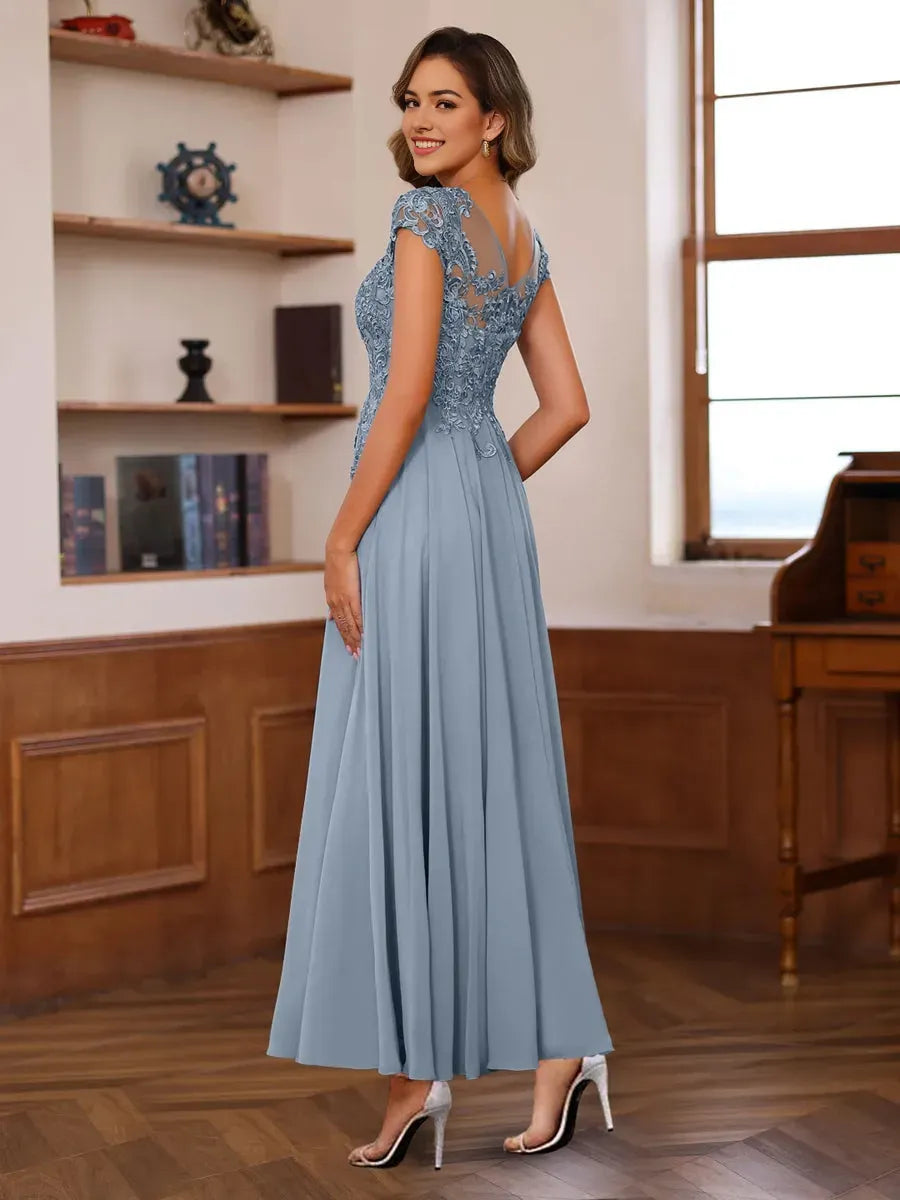 V-Neck Short Sleeves Ankle-Length Mother of the Bride Dresses with Appliques