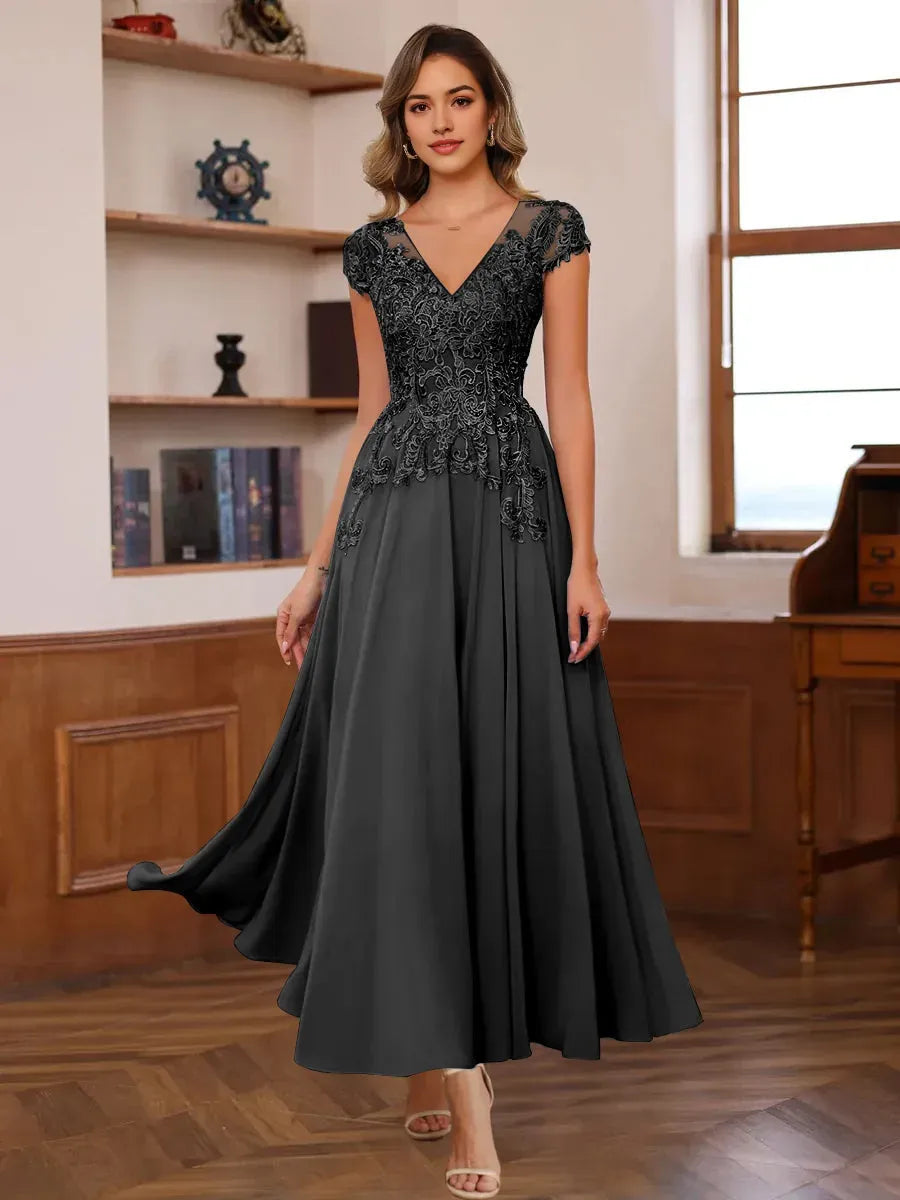 V-Neck Short Sleeves Ankle-Length Mother of the Bride Dresses with Appliques