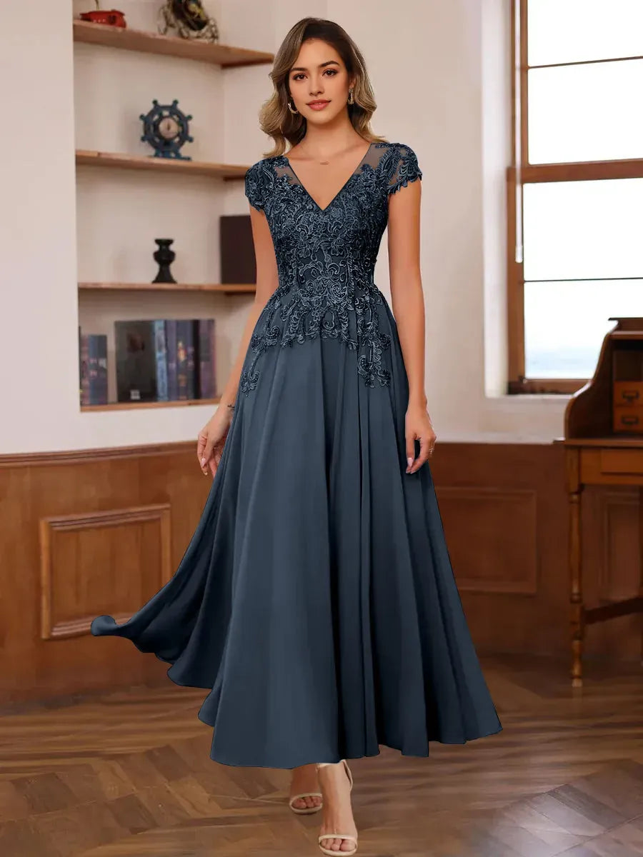 V-Neck Short Sleeves Ankle-Length Mother of the Bride Dresses with Appliques