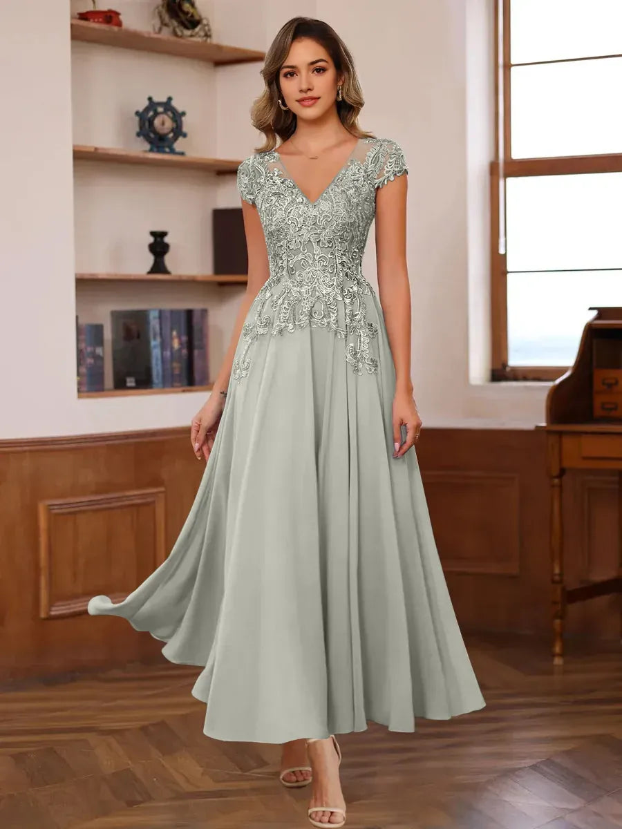 V-Neck Short Sleeves Ankle-Length Mother of the Bride Dresses with Appliques