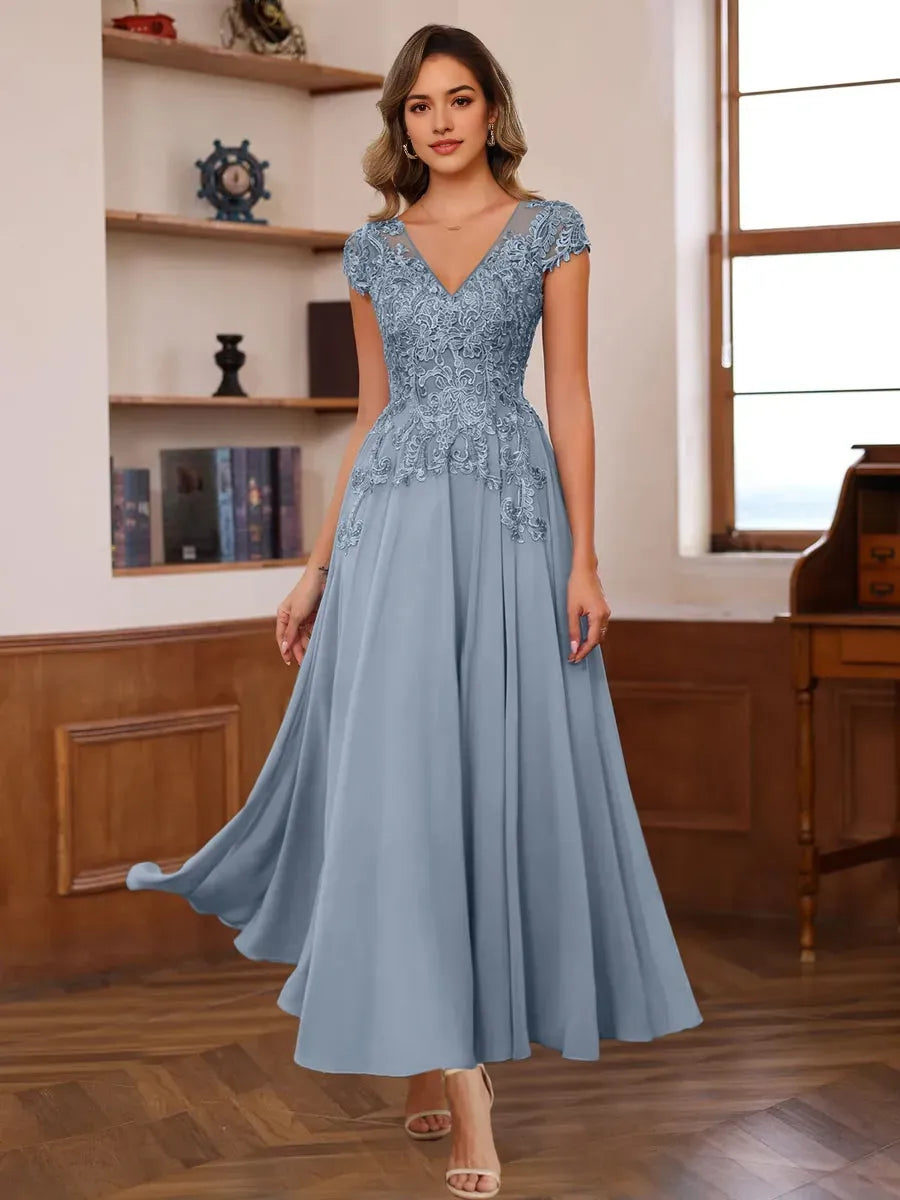 V-Neck Short Sleeves Ankle-Length Mother of the Bride Dresses with Appliques