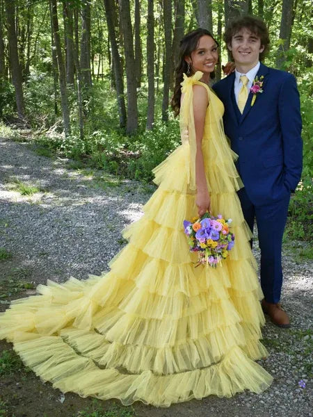Yellow V-Neck Tie Ruffle Yellow Long Prom Dress With Train
