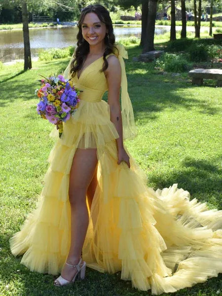 Yellow V-Neck Tie Ruffle Yellow Long Prom Dress With Train