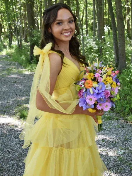 Yellow V-Neck Tie Ruffle Yellow Long Prom Dress With Train