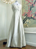 Silver V Neck Sleeveless Beaded Floor-Length Prom Dress