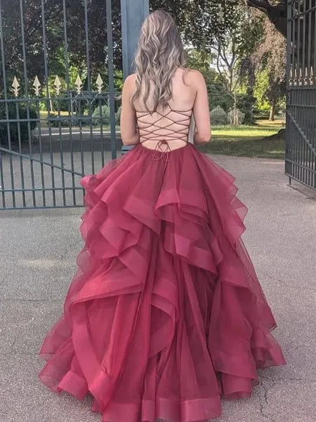 Burgundy V Neck Spaghetti Strap Applique Layers Ruffle Long Prom Dress