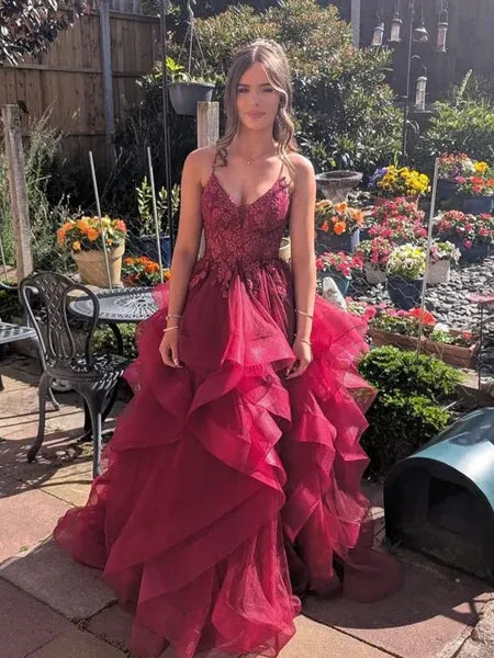 Burgundy V Neck Spaghetti Strap Applique Layers Ruffle Long Prom Dress