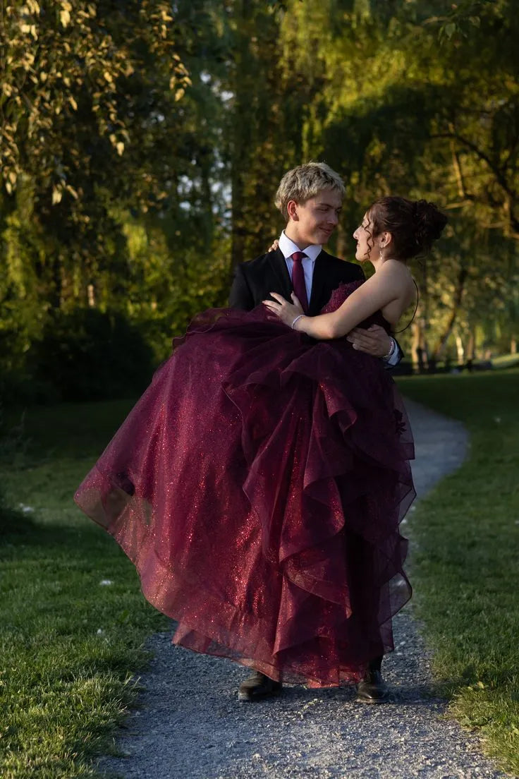 Burgundy V Neck Spaghetti Strap Ruffle Tie Burgundy Long Evening Dress