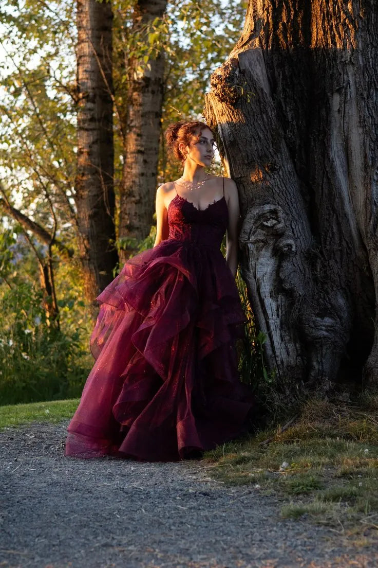 Burgundy V Neck Spaghetti Strap Ruffle Tie Burgundy Long Evening Dress