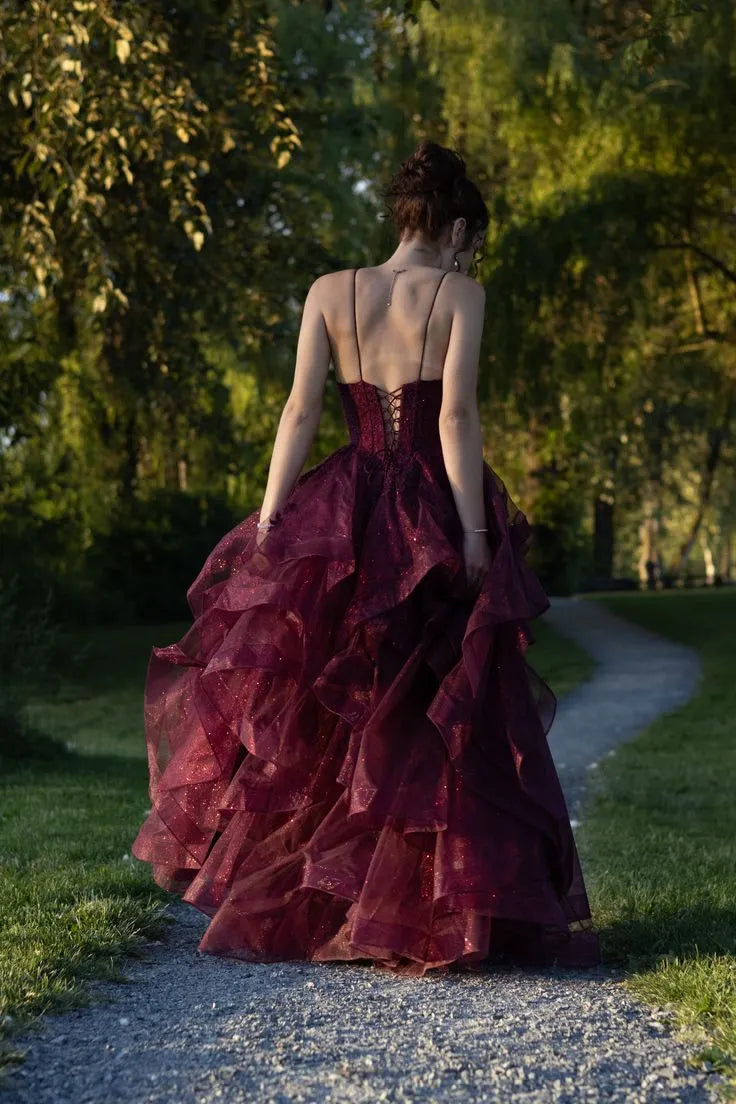 Burgundy V Neck Spaghetti Strap Ruffle Tie Burgundy Long Evening Dress