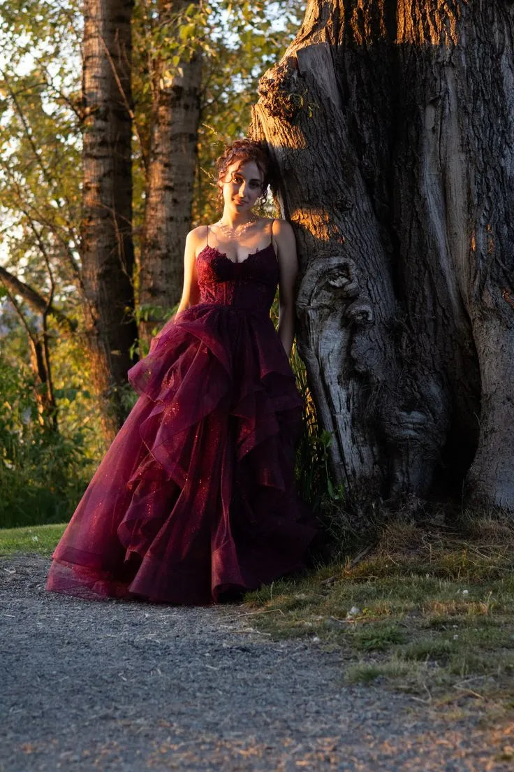 Burgundy V Neck Spaghetti Strap Ruffle Tie Burgundy Long Evening Dress