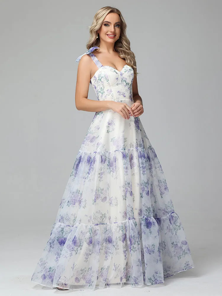Floral Print Up Floor Length Wedding Guest Dresses