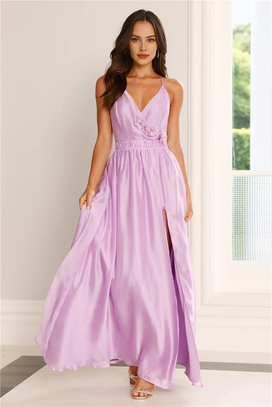 Purple Halter Neck Tie Applique Gathe Waist Purple Maxi Prom Dress With Slit