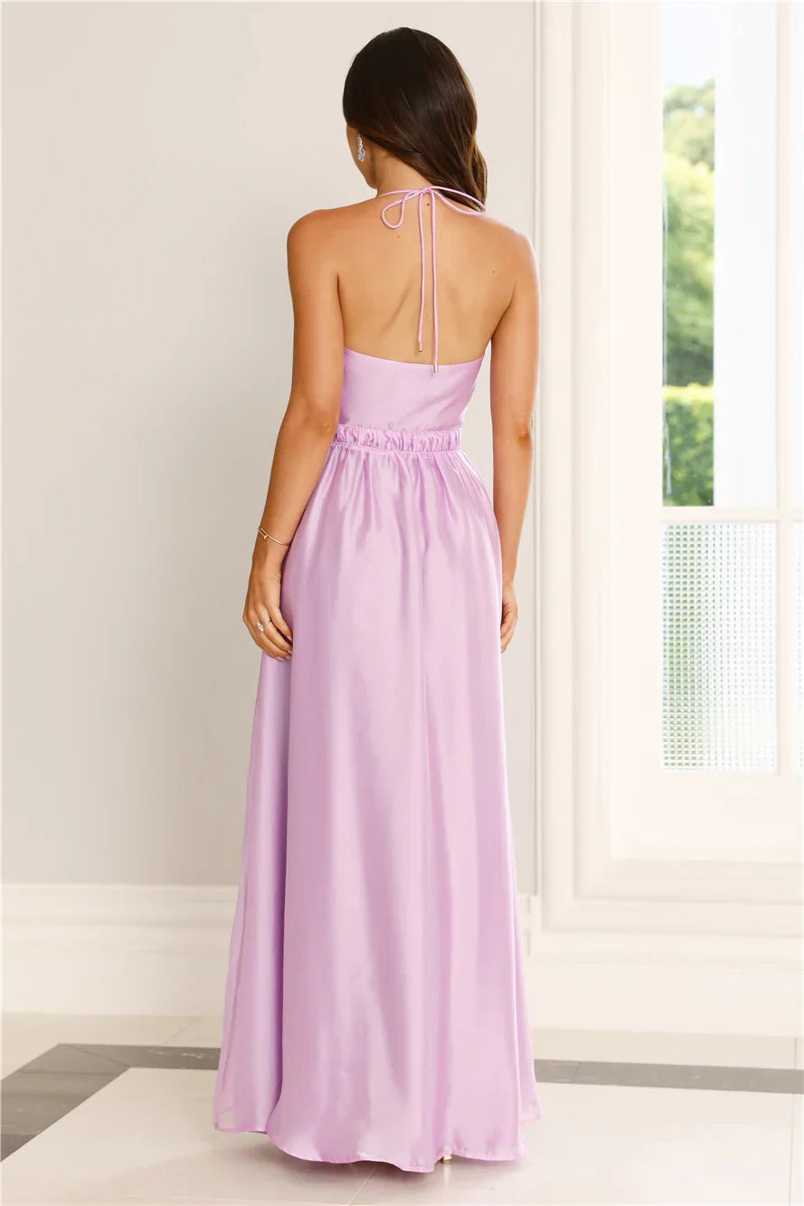 Purple Halter Neck Tie Applique Gathe Waist Purple Maxi Prom Dress With Slit