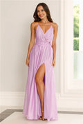 Purple Halter Neck Tie Applique Gathe Waist Purple Maxi Prom Dress With Slit
