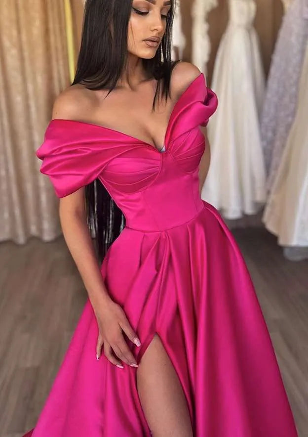 Off-the-Shoulder Short Sleeve Long/Floor-Length Prom Dress With Ruffles Split
